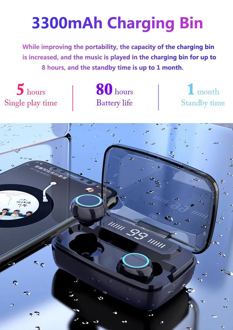 Black M11 style Bluetooth wireless headset with digital display, showing charging case with integrated mobile phone holder.