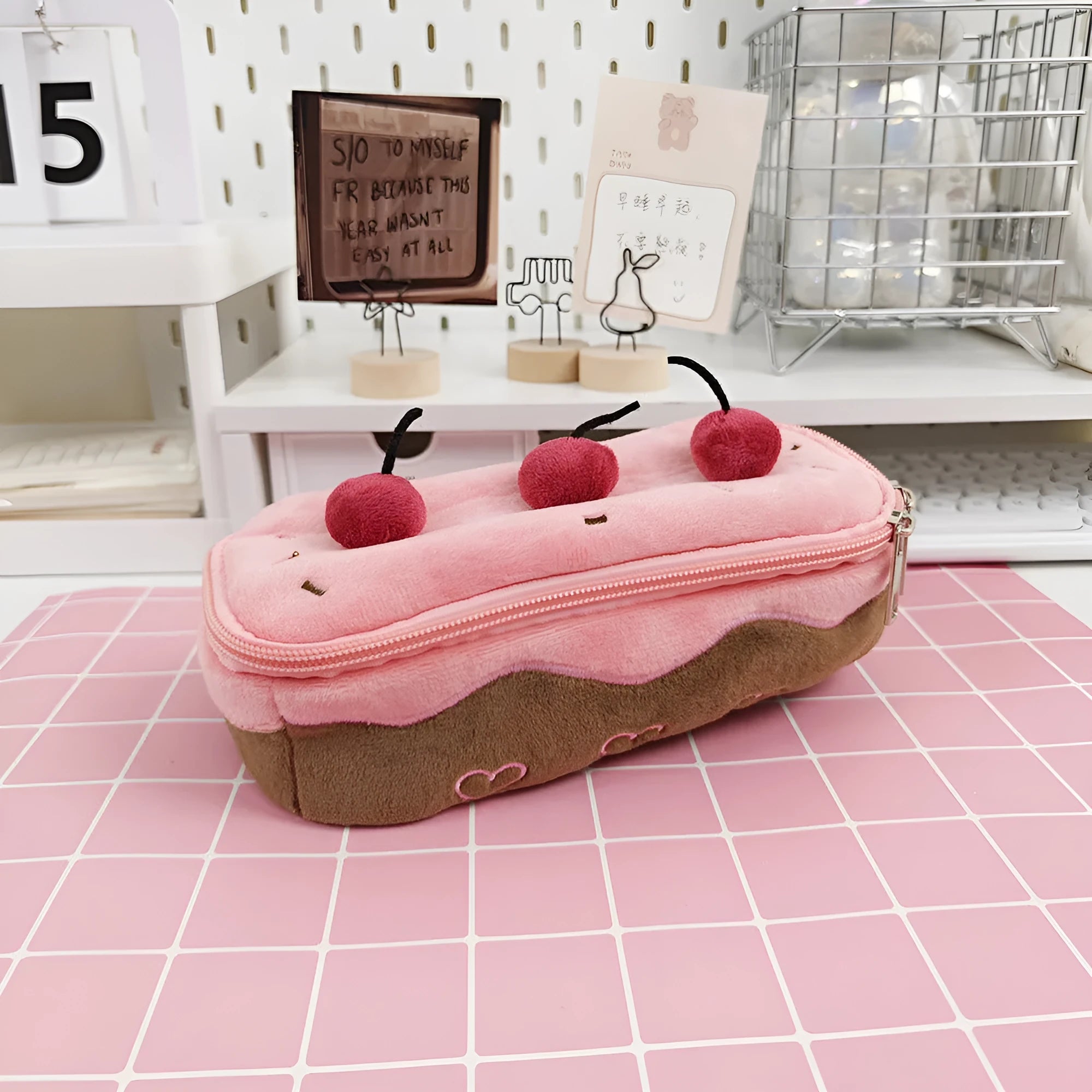 Cherry Cake pink and cream velvet pencil bag with plush Korean-style design