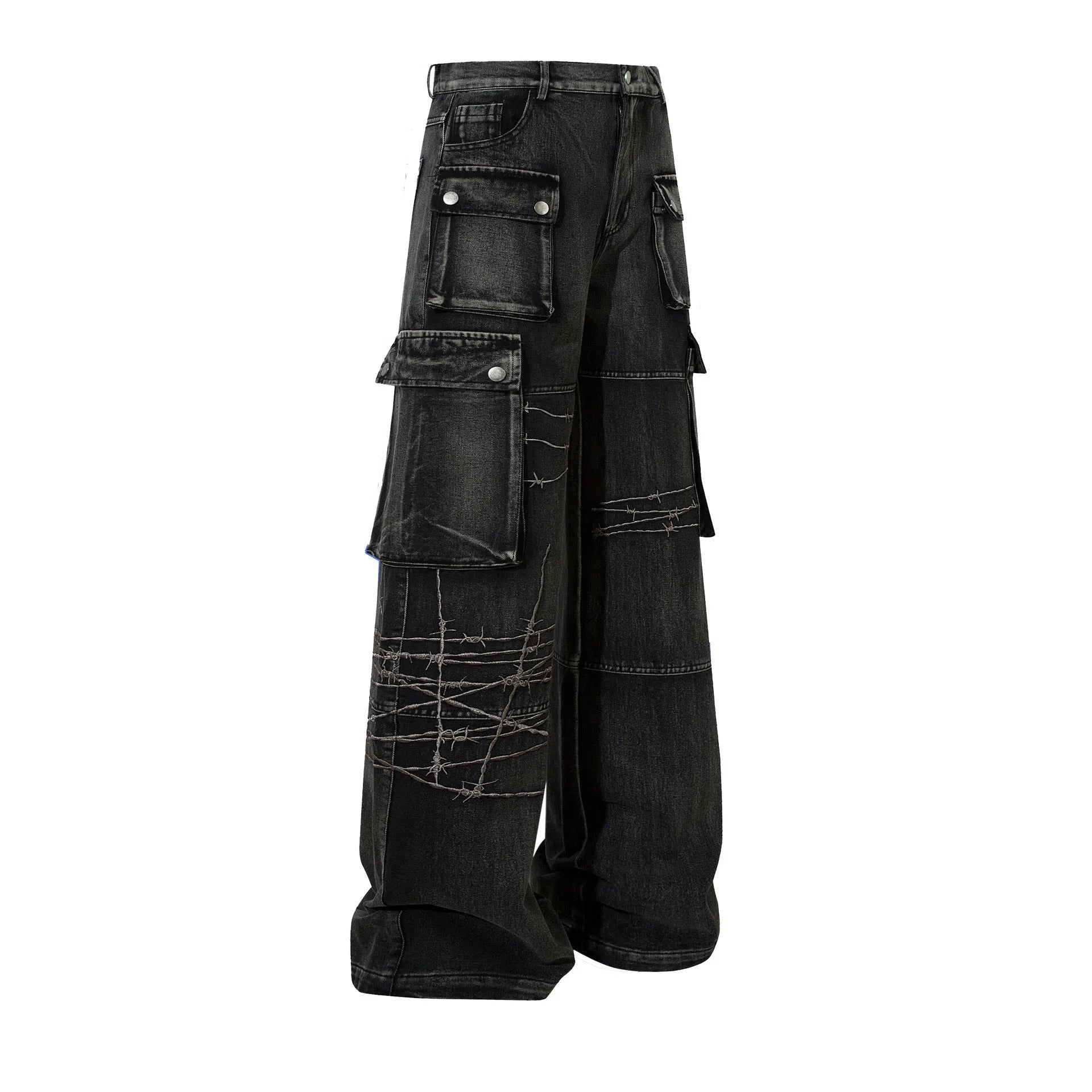 Men's black cotton loose-fitting wide-leg trousers with mid waist design