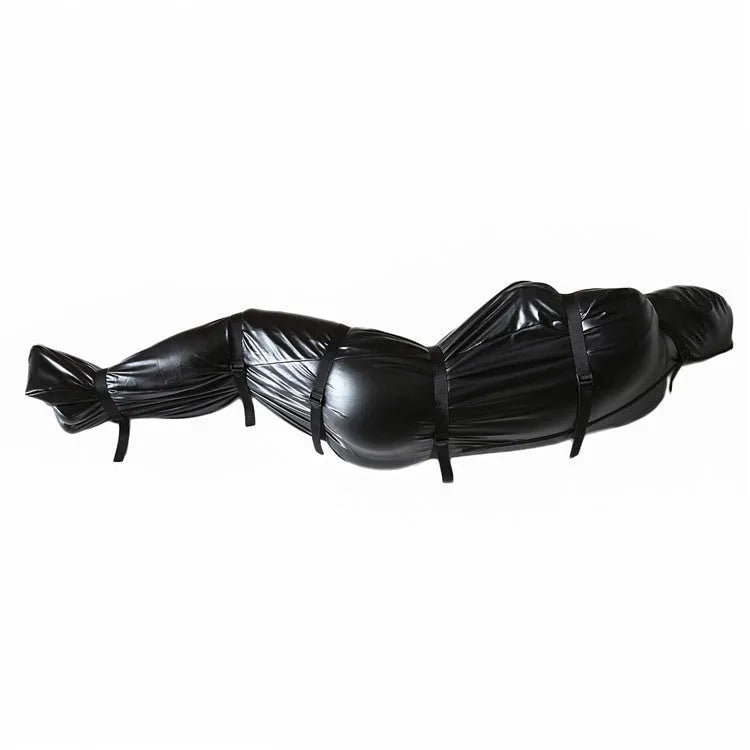 Black patent leather bondage set with full-coverage garment and six ratchet tie-down pieces