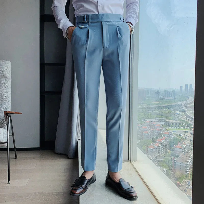 Men's straight leg polyester trousers in solid colours showing front and side views