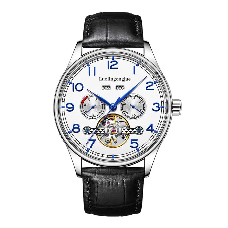 Men's stainless steel mechanical watch with sapphire glass on a leather strap.