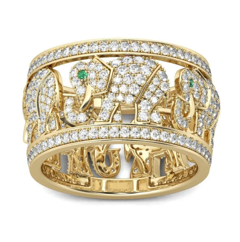 Electroplated alloy elephant fashion ring showing detailed design, available in sizes 6 to 10.