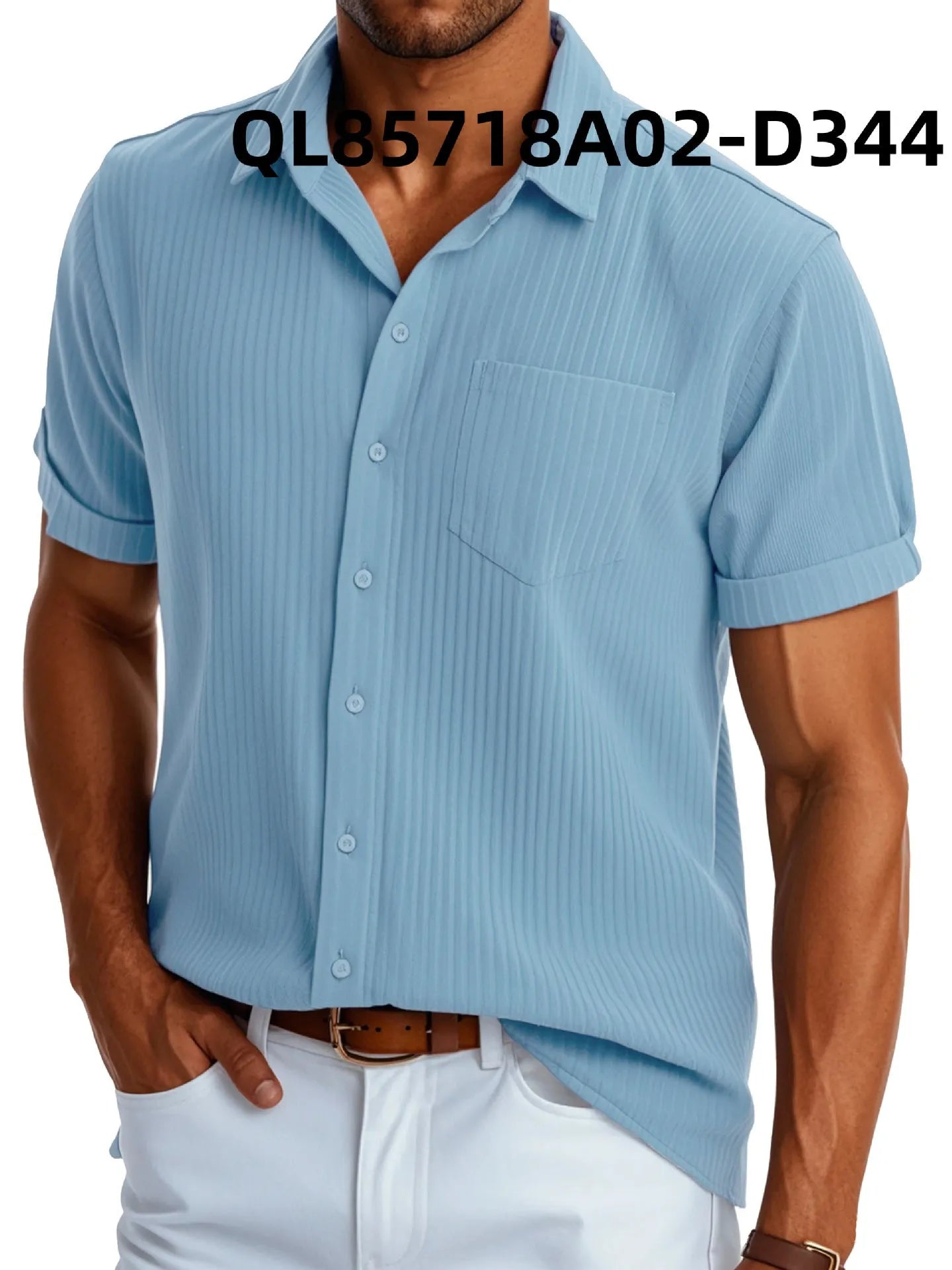 Men's loose fit casual short sleeve shirt with lapel collar and printed line design.