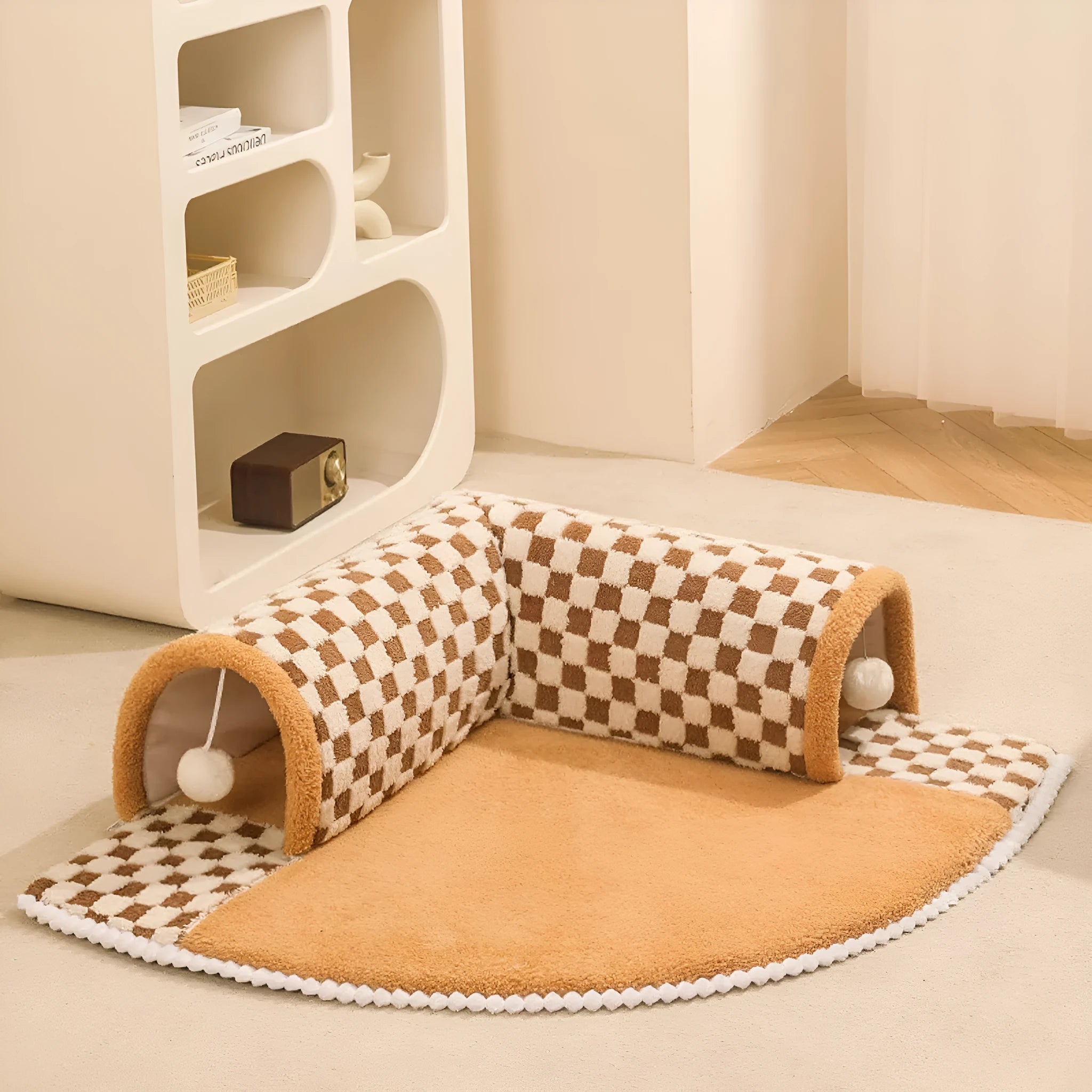 XL fan-shaped plush pet bed tunnel with a plaid pattern, shown in coffee colour.