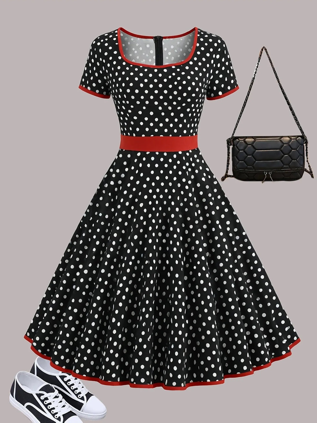 Multicolour polka dot dress with square collar, short sleeves, front zipper, and a pleated mid-length skirt on a hanger.
