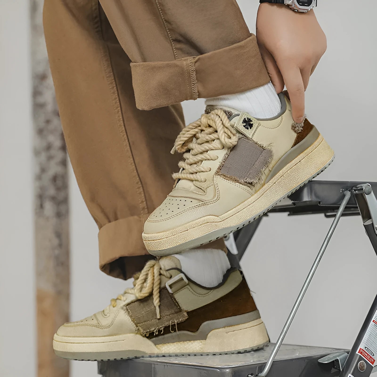 Beige low-top skateboard shoes with microfiber upper and round-toe design