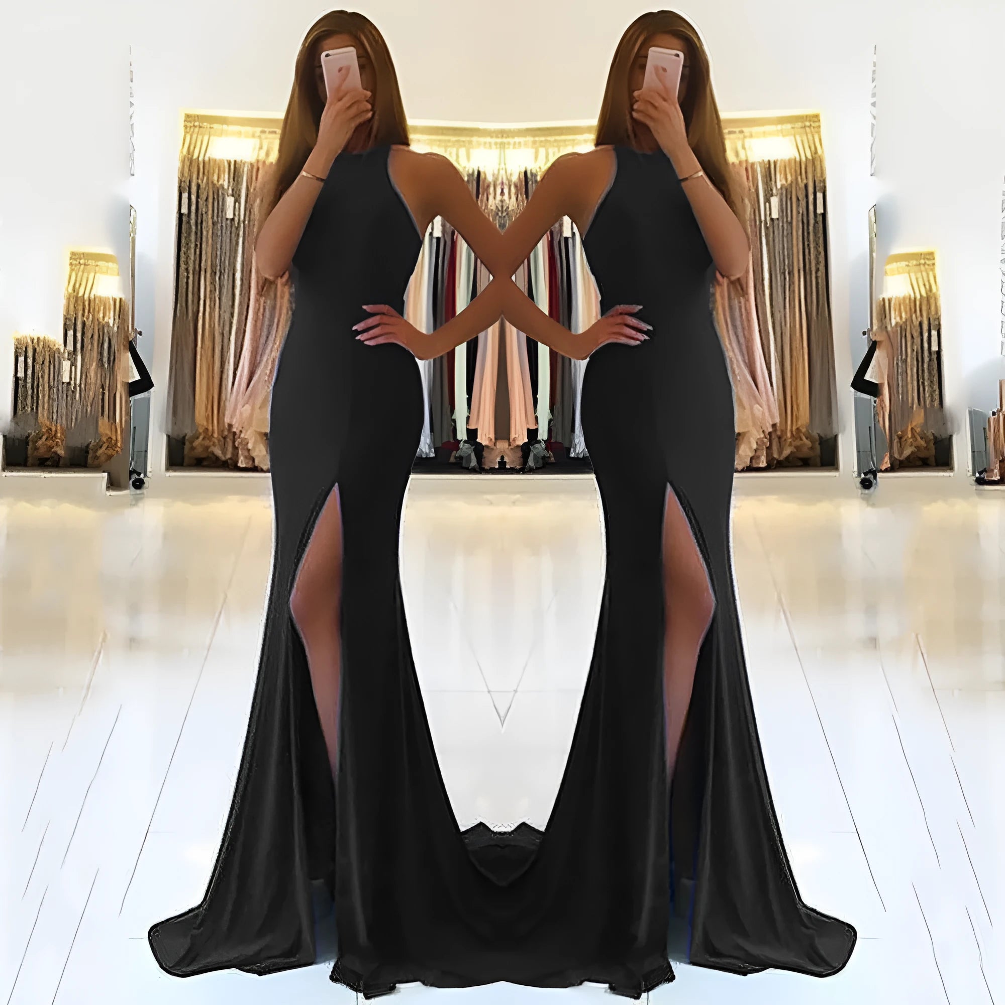 Red knitted long evening dress with high waist, large swing skirt, and hollow out detail on a mannequin.