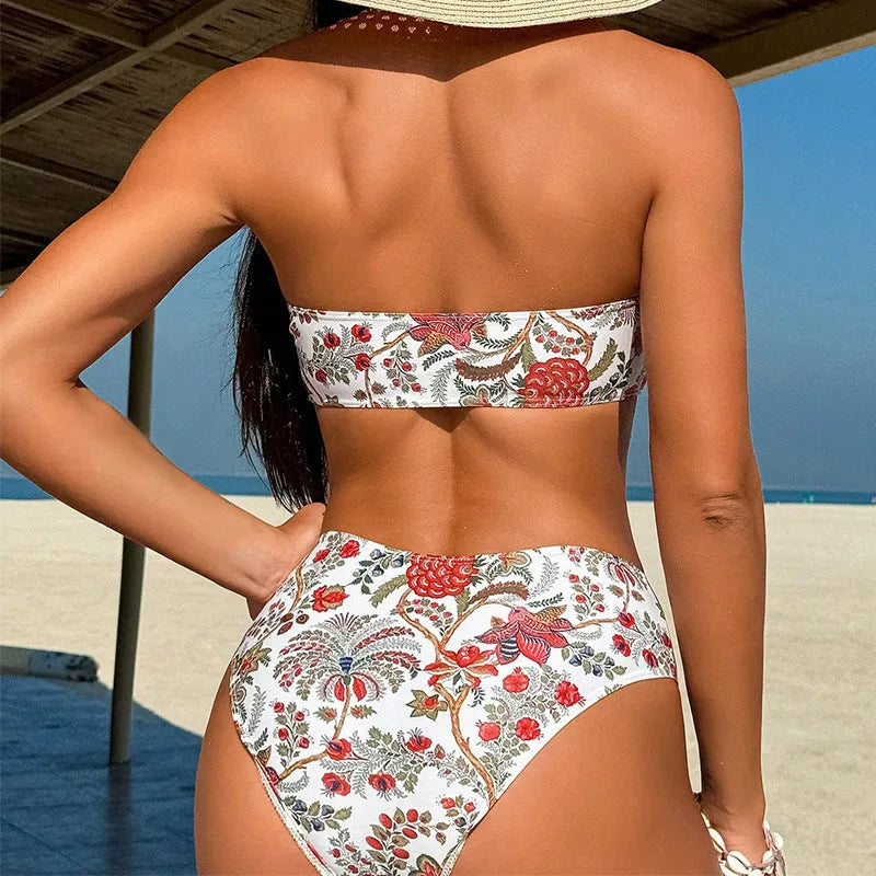 Women's printed bandeau triangle bikini top and matching swim shorts set