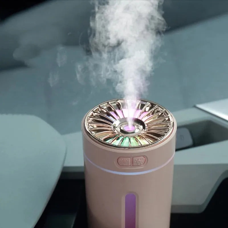 Wireless air humidifier with colourful lights on a car cup holder, 800mAh rechargeable cool mist maker