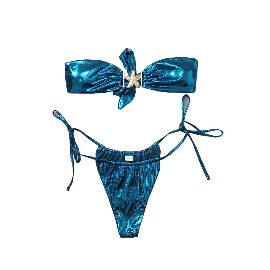 Women's glossy blue split bikini tube top with gold starfish detail
