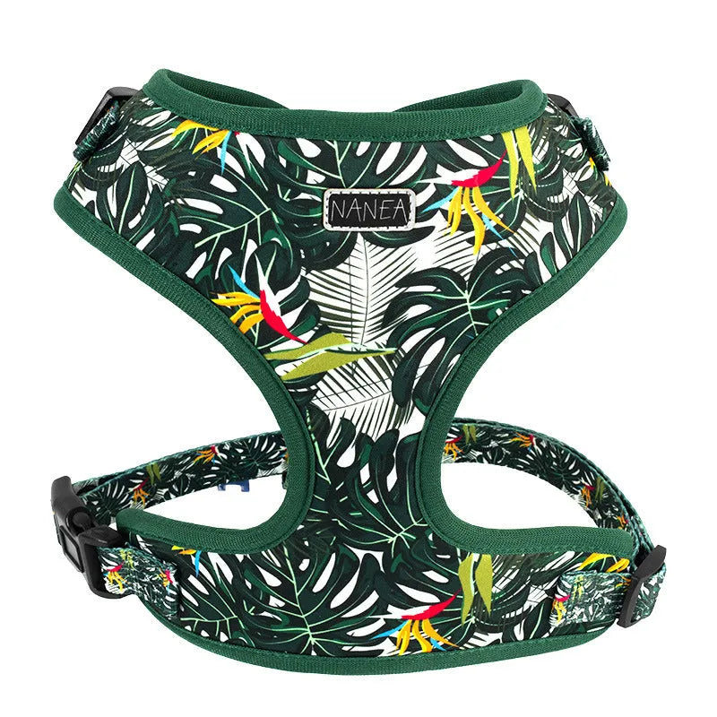 Six-piece adjustable cloth dog harness set with collar, lead, waste bag, bow, and triangular scarf.