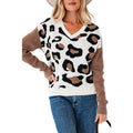 Leopard print V-neck knitted pullover with contrast colour details, loose fit, on model