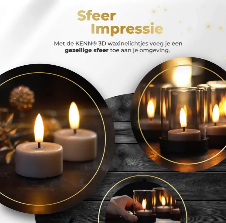 Taupe-coloured S10 model 3D flame LED tealight candle showing its flickering light effect.