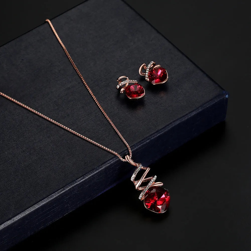 Women's alloy bridal necklace and earrings set with diamond processing and water wave chain.