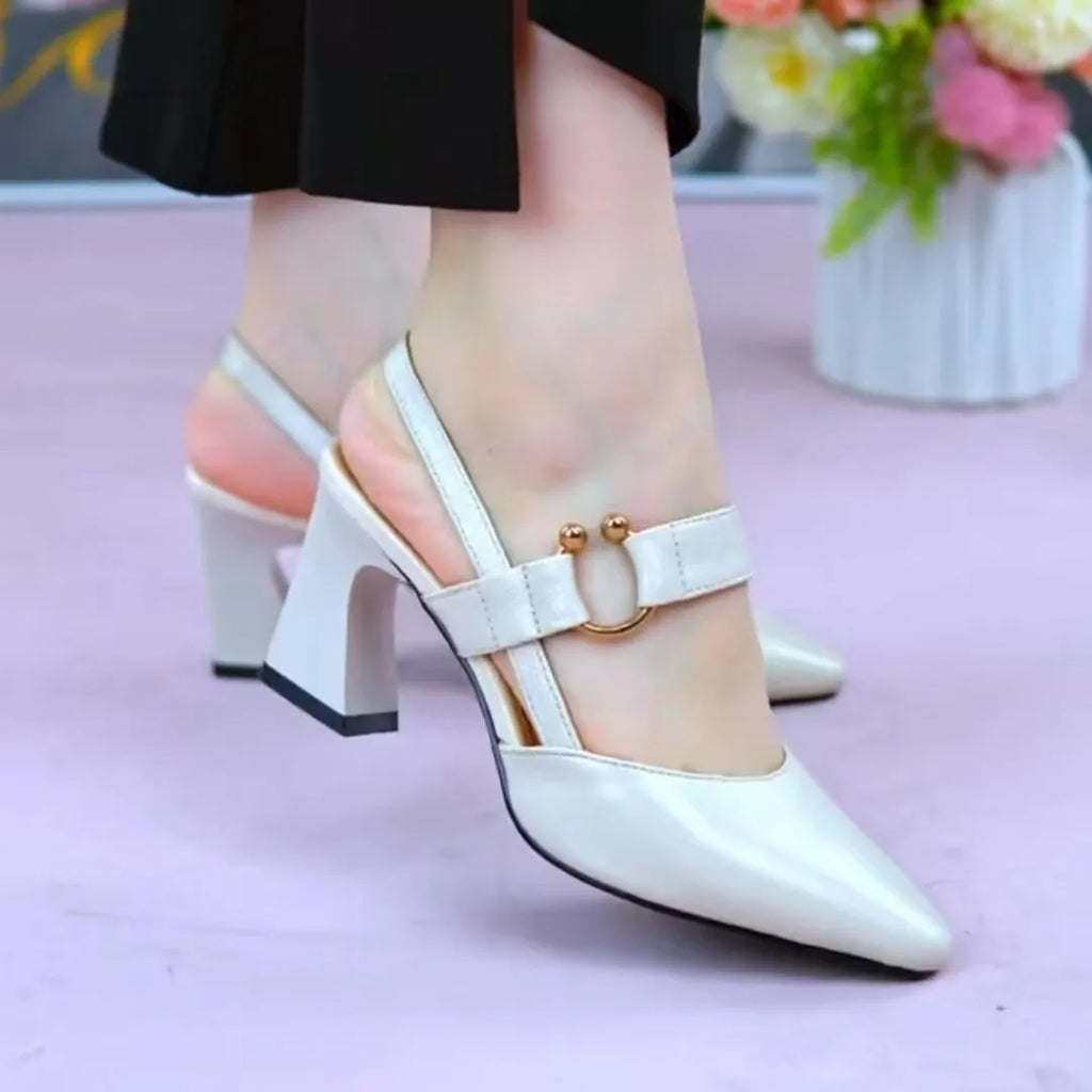 Women's black leather closed toe sandals with a chunky high heel on a white background.
