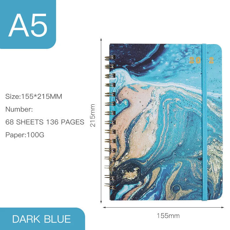 A5 spiral bound notebook, 155 x 215mm, 136 pages, 100gsm paper, paper cover in Blue Art or floral design