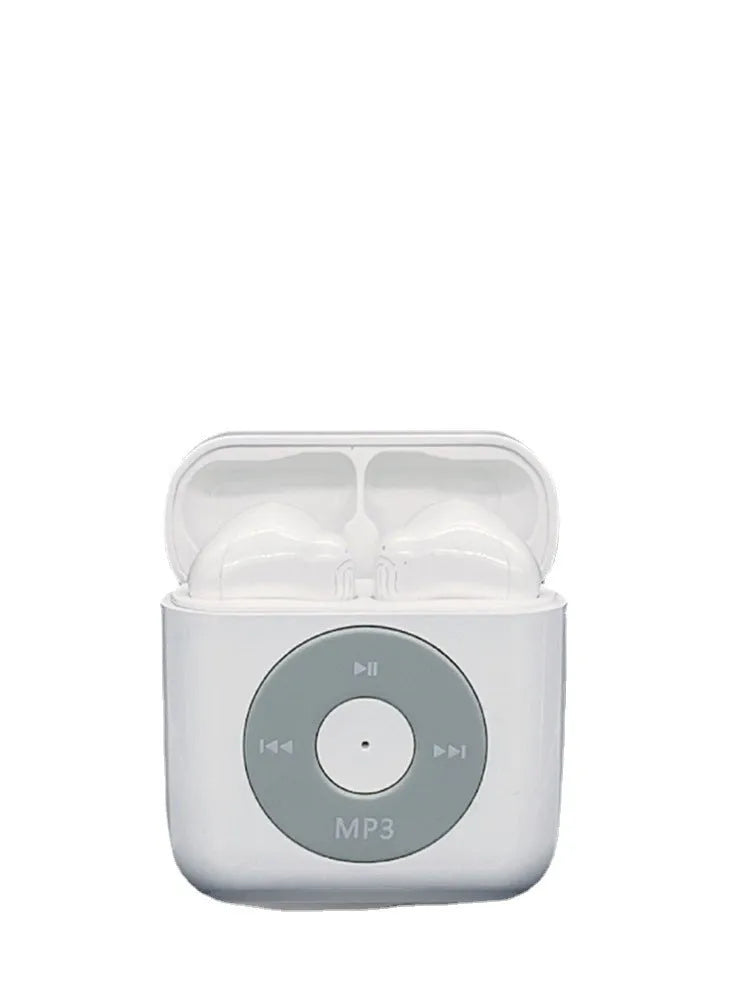 White wireless Bluetooth earphones with a semi in-ear design and a matching charging case