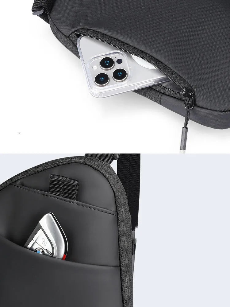 Elegant black men's lightweight crossbody bag made from durable Oxford cloth.