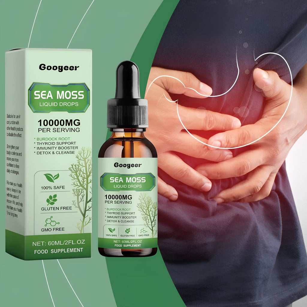 Sea moss liquid drops body treatment bottle with 60ml capacity measuring 3.3x3.3x12cm