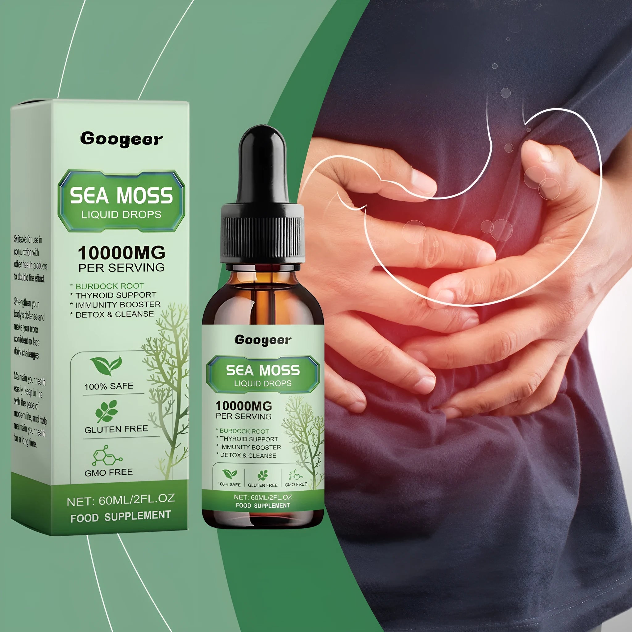 Sea moss liquid drops body treatment bottle with 60ml capacity measuring 3.3x3.3x12cm
