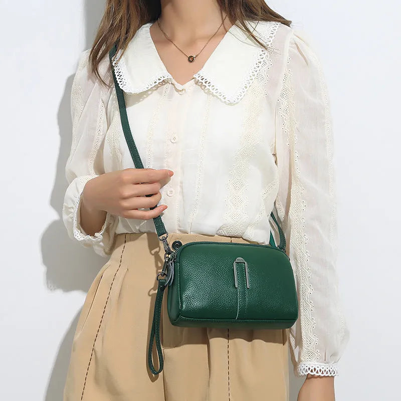 Women's genuine leather shoulder bag in horizontal square shape, shown in dark khaki colour