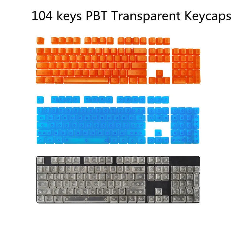 Set of 104 transparent mechanical keyboard keycaps in orange, white, blue and black colours