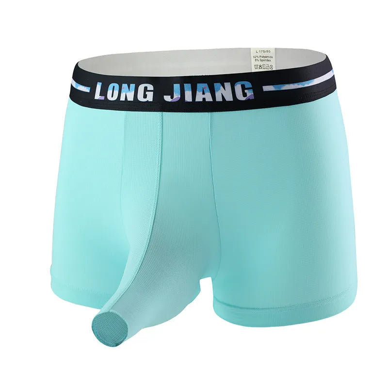 Men's solid colour Ice Silk boxer shorts with a trunk open design on a mid-waist fit.