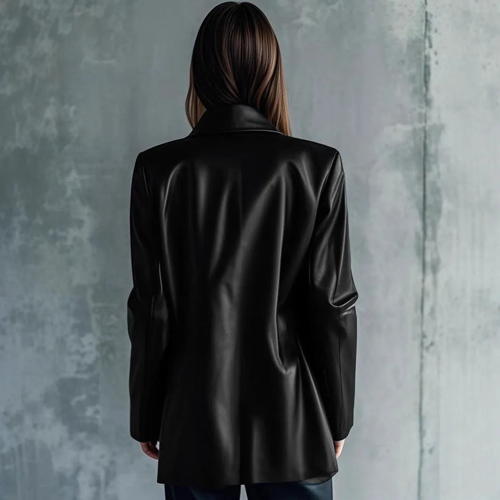 Women's black leather jacket with medium 65cm length and long sleeves