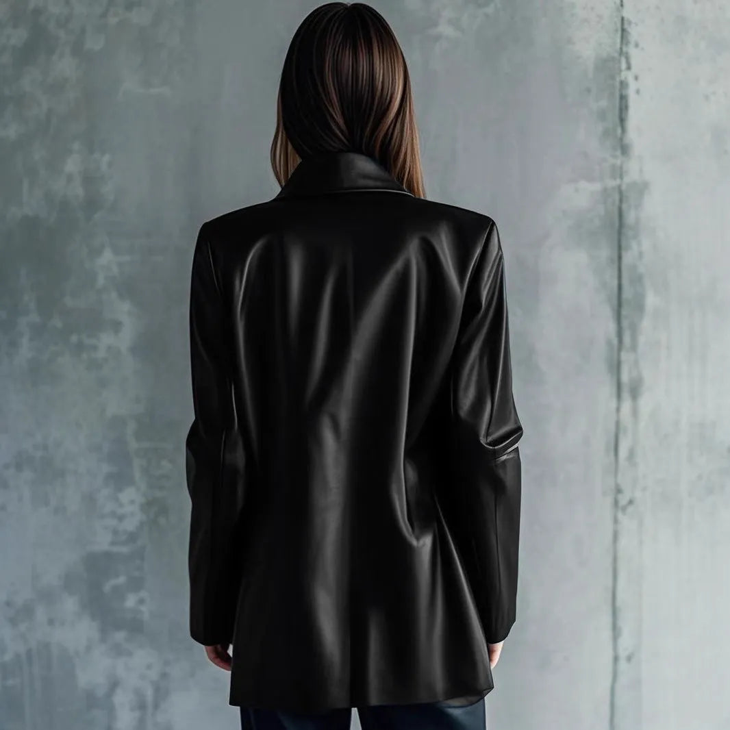 Women's black leather jacket with medium 65cm length and long sleeves