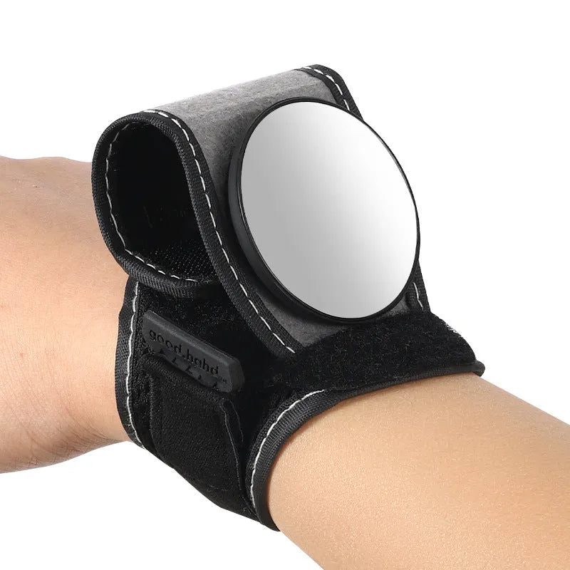 Black nylon bicycle rear-view mirror mounted on handlebars