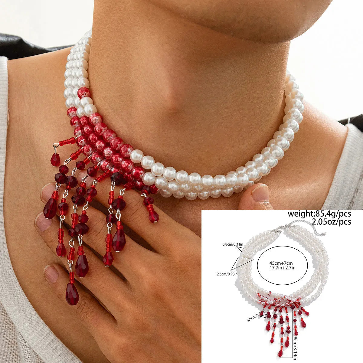 Men's Halloween necklace with blood drop crystal pendants, pearl beads, and tassel on adjustable chain
