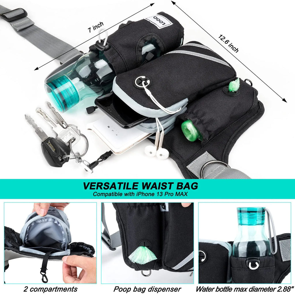 Black outdoor pet training waist bag with integrated dog leash and neck components for walking and training