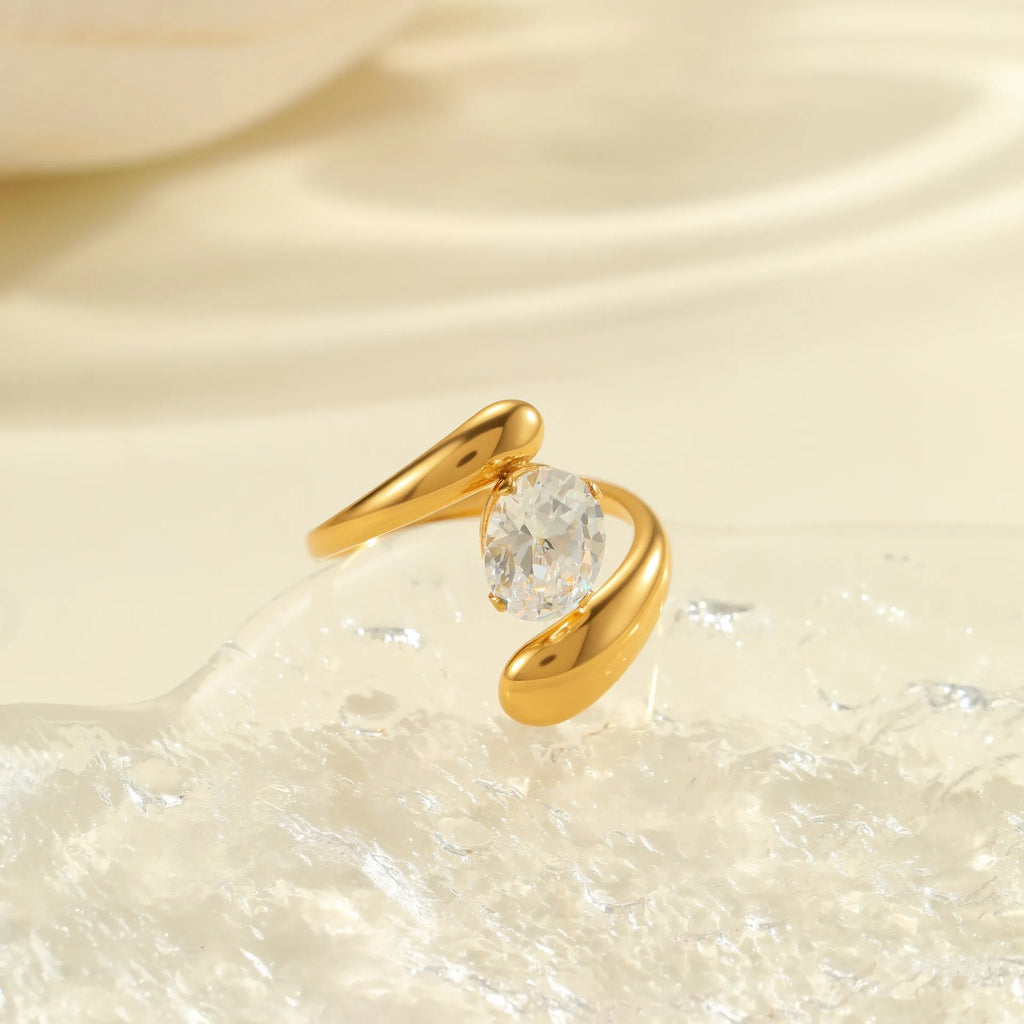 Geometric stainless steel open-mouth zircon ring for women in a silver tone.