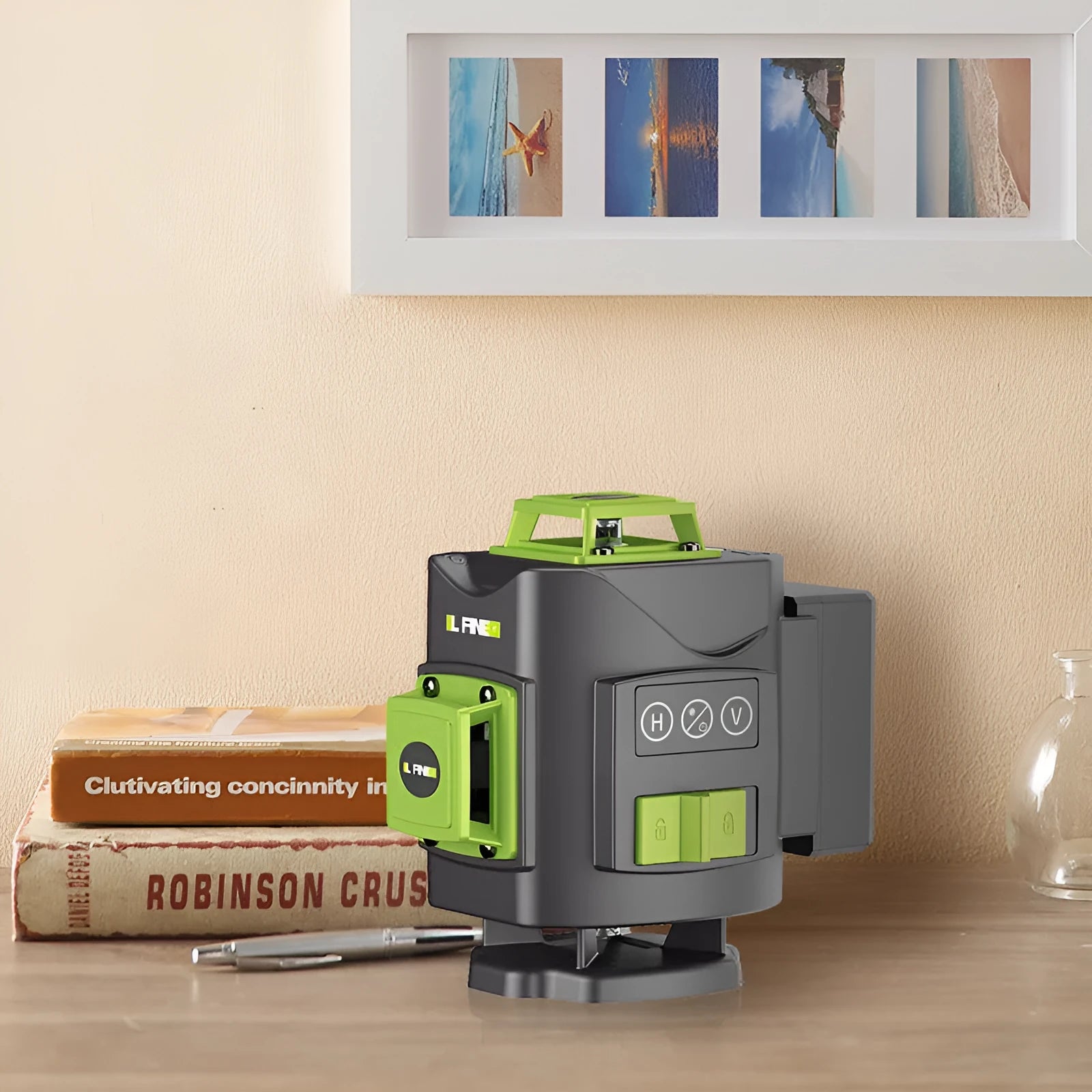 Green 16-line 3D self-levelling laser level with nylon case on a workbench.