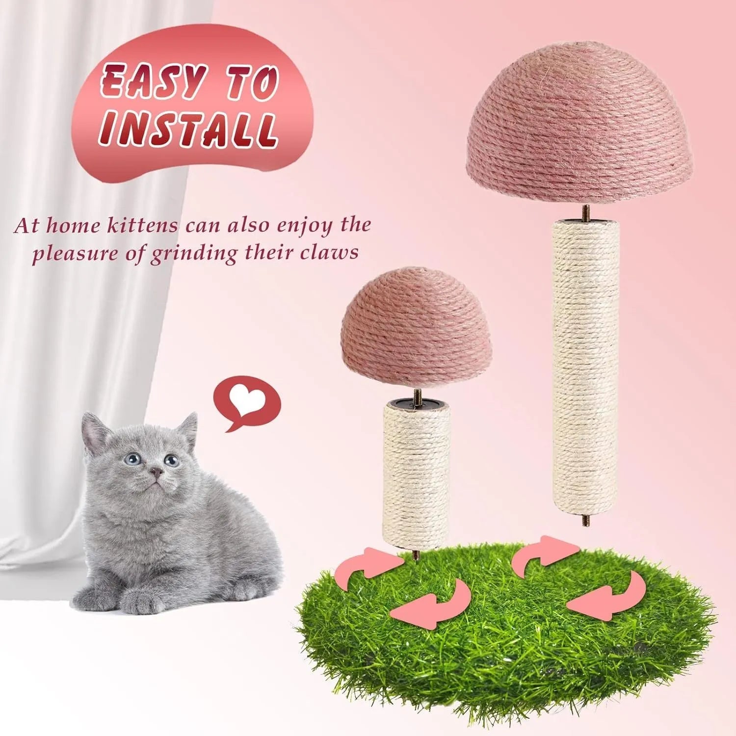 Pink mushroom-shaped cat scratching post with natural sisal caps and pole for kittens and small cats