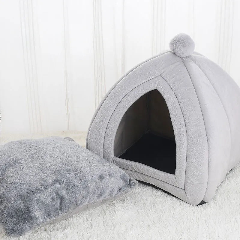 Gray cat bed pet house cave in size XL on a hardwood floor