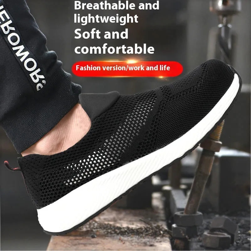 Men's lightweight steel toe work shoes in black, blue, and red with mesh upper and low-top design