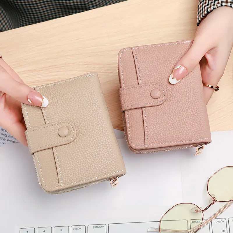 Ladies' short wallet with lychee pattern in beige, pink, black, or red colours