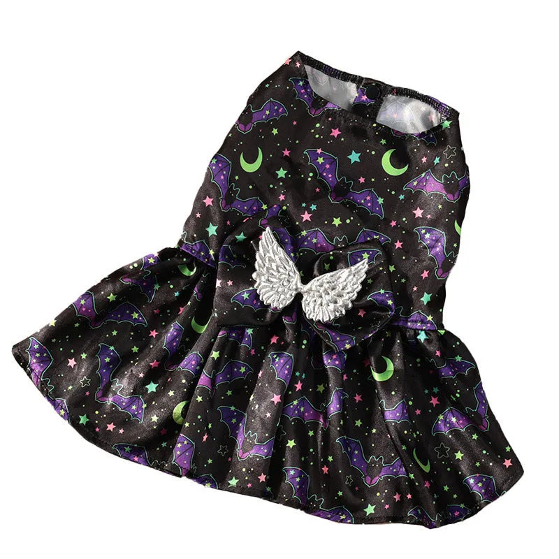Orange and black Halloween dog costume with angel wings, shown in bright pumpkin and bright bat colours.