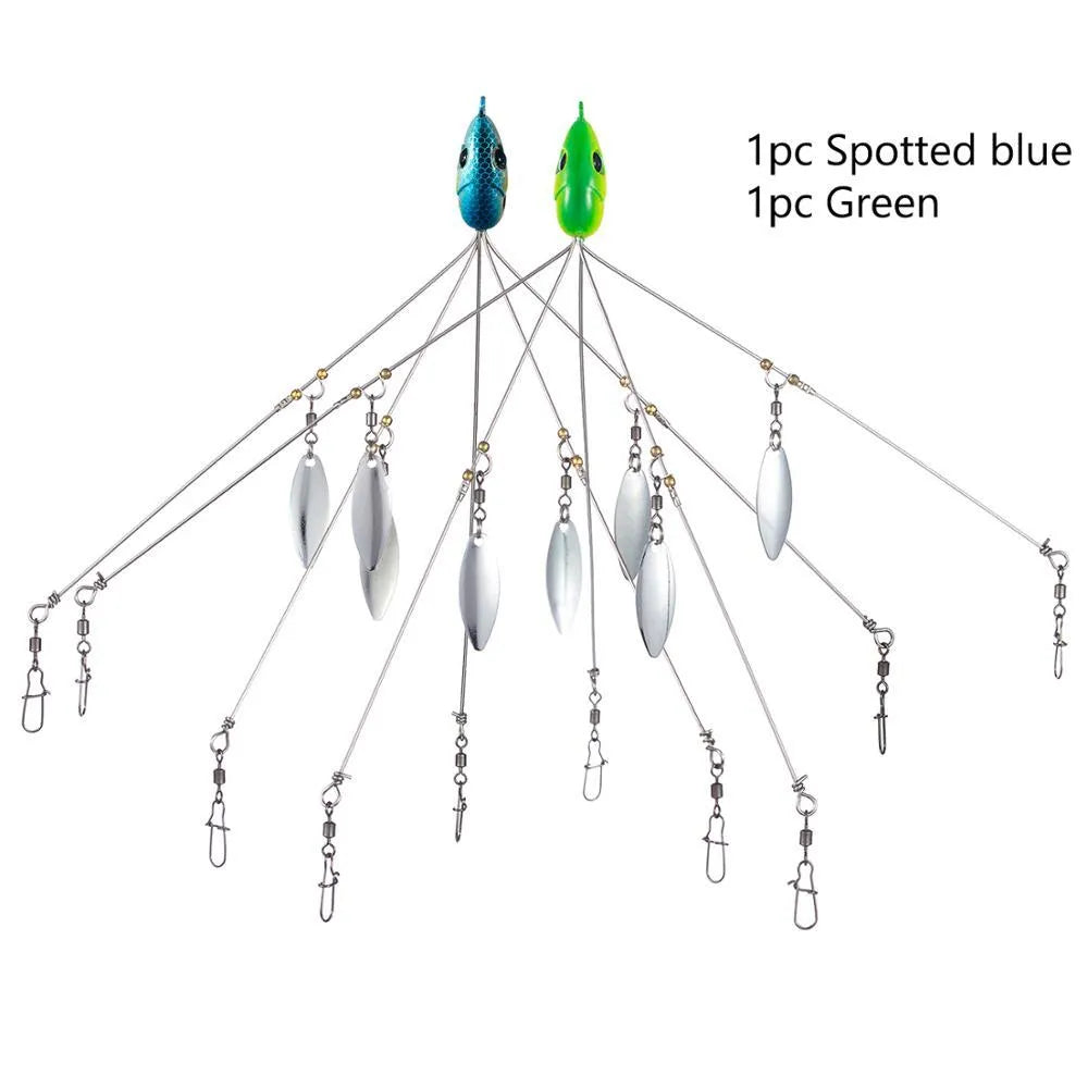 Bassdash umbrella fishing lure rig with 5 swivels and rotating metal sequins in green colour