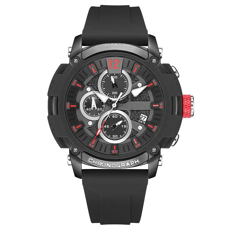 Men's digital watch with luminous display showing time and calendar, water resistant to 30 metres