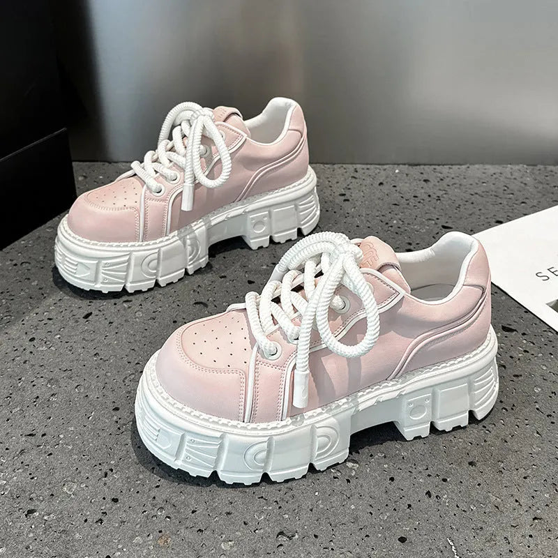 Women's beige leather casual shoes with a 3cm high spring muffin rubber foam sole.