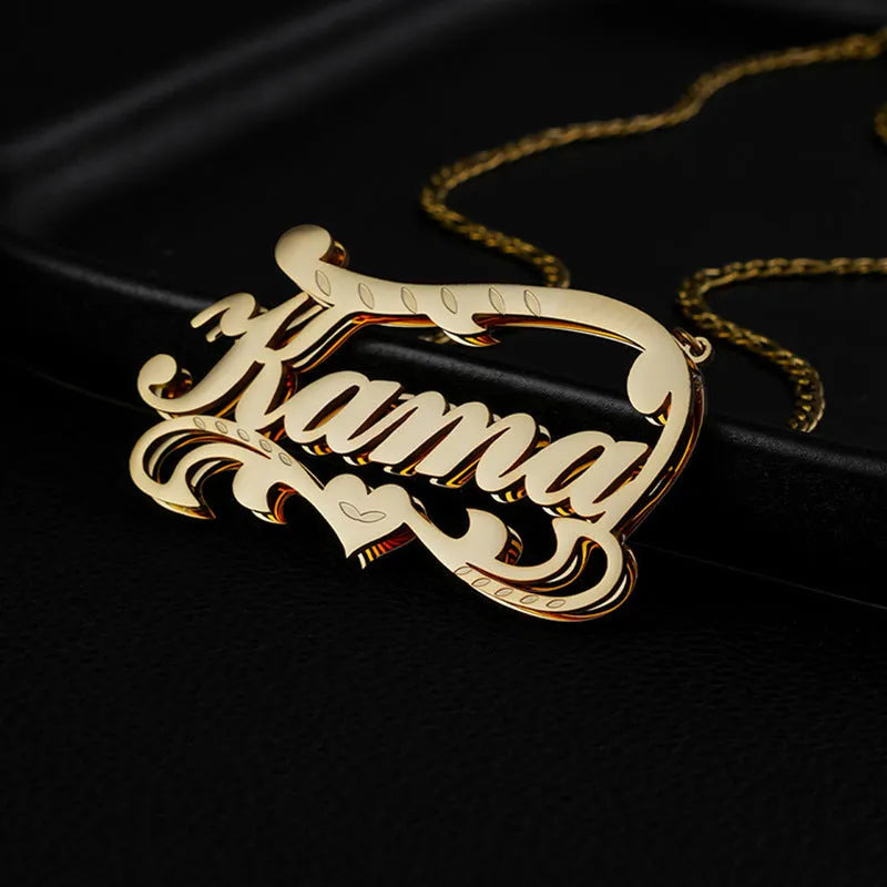 Double-layer wave heart necklace with engraved text in gold or silver stainless steel