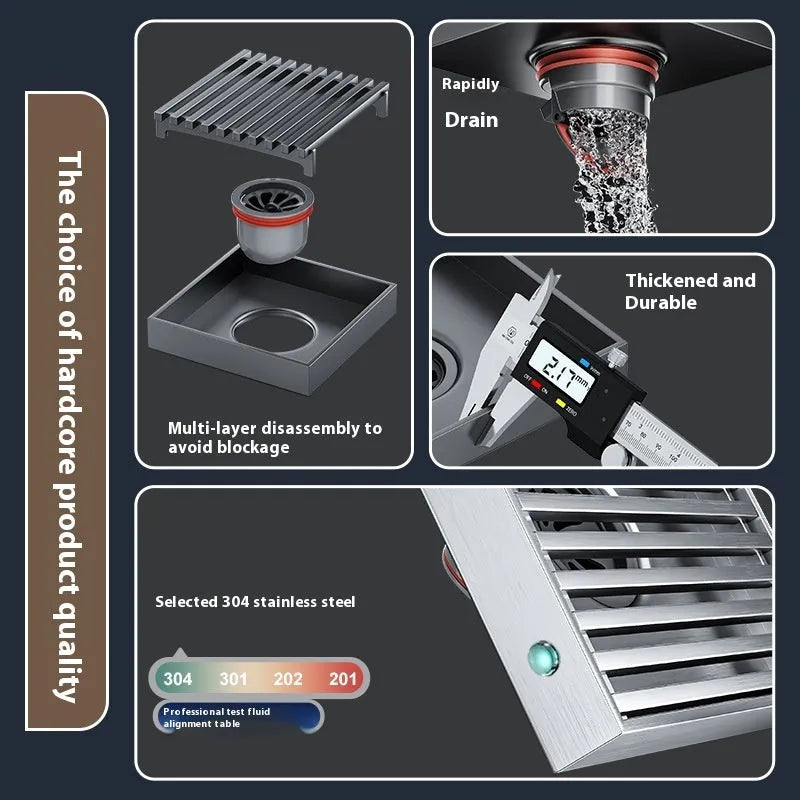 Gun grey 304 stainless steel courtyard floor drain with a 15x15cm grating.