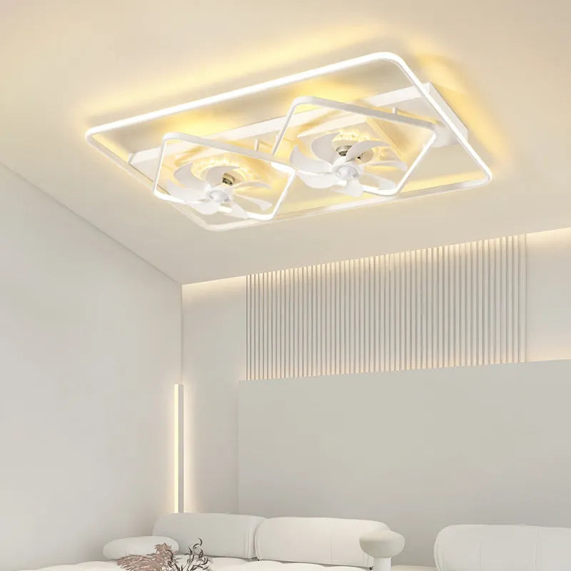 Modern thin suction ceiling fan light with plastic blades and an acrylic lampshade, shown installed.