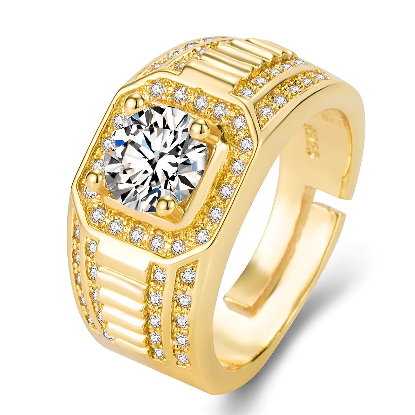Large square diamond men's ring with adjustable opening in gold finish on hand