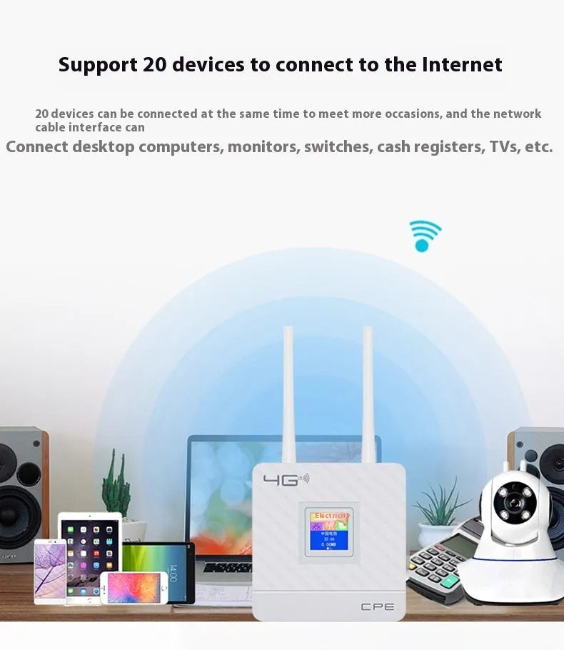 White LTE router with two external antennas, USB cable, and power adapter for home office internet connectivity