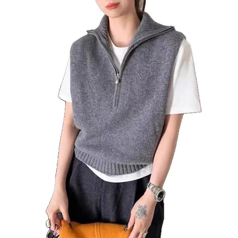 Retro half zip sleeveless knit vest in mesh polyester with Japanese Korean casual styling