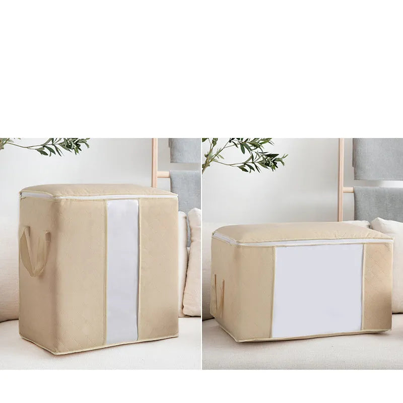 Non-woven fabric storage organiser bag for quilts and clothes in beige colour.
